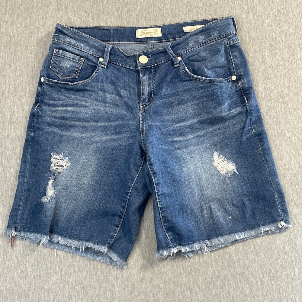 Seven7 Denim Bermuda Shorts Women’s 8 Blue Distressed Easy Fit Jean Raw Hems